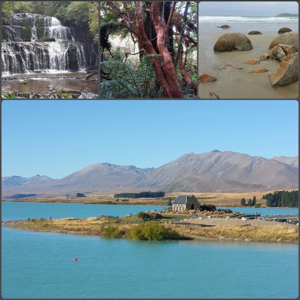 Neuseeland, 08.03.2020:
Links: Purakaunui Falls, nähe Owaka;
Mitte: auf dem Weg zu den Purakaunui Falls;
Rechts: Moeraki Boulders, nähe Hampden;
Unten: die Kirche des Guten Hirten, Lake Tekapo