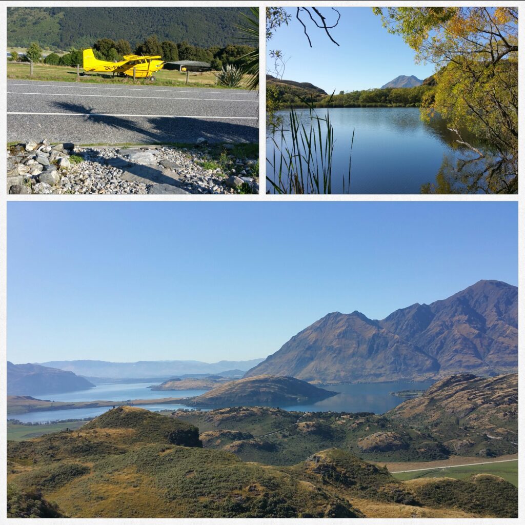 Neuseeland, 14.03.2020:
Links: Haast Pass-Makarora Road, WC-Stop;
Rechts: Diamond Lake auf dem Weg zum Rocky Hill;
Unten: Aussicht vom Rocky Hill, nähe Wanaka