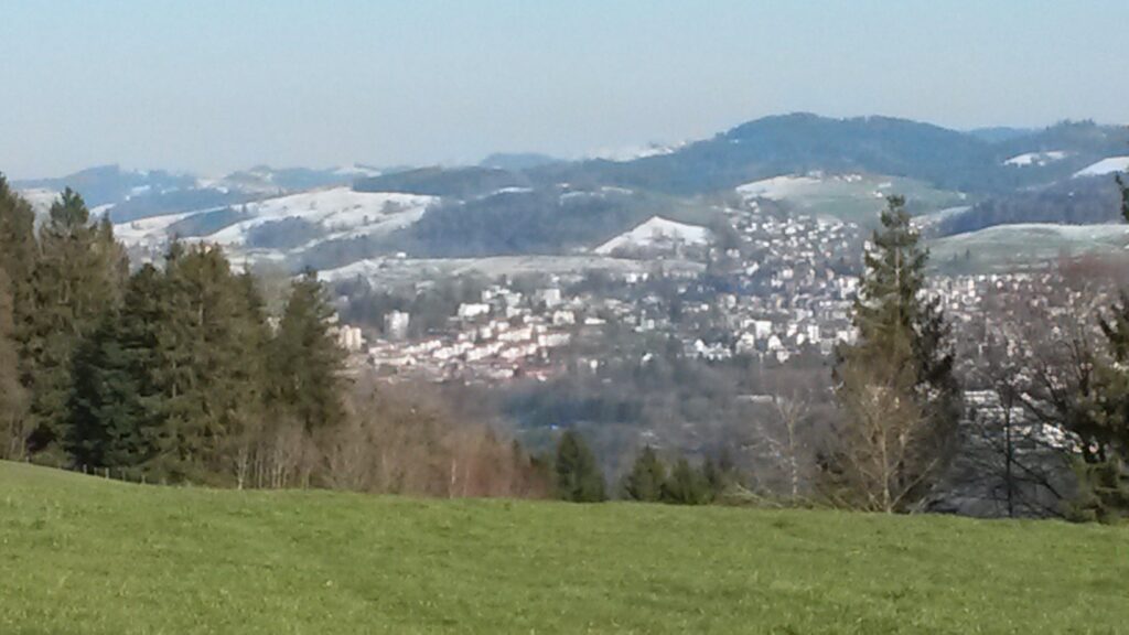 gegen Abend über grüner Wiese mit Blick Richtung St. Gallen, Bruggen - 01.04.2020