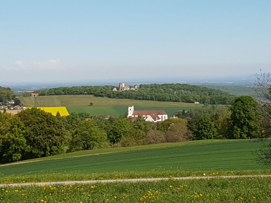 Blick Richtung Kloster Mariastein, im Hintergrund die Ruine der Burg Landskron in der Gemeinde Leymen im Oberelsass - 19.04.2020