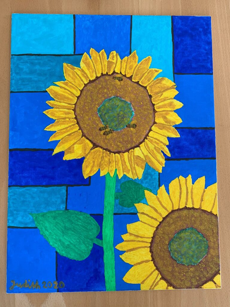 zwei Sonnenblumen - Gouache/Acryl/Tusche, Judith 2020