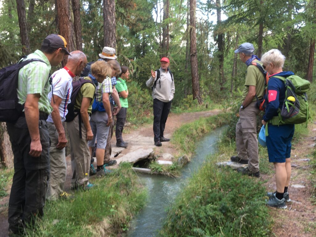 Der Wanderleiter erklärt uns, wie die Bewässerung mit den "Wasserstrassen" genau funktioniert - 14.8.2022