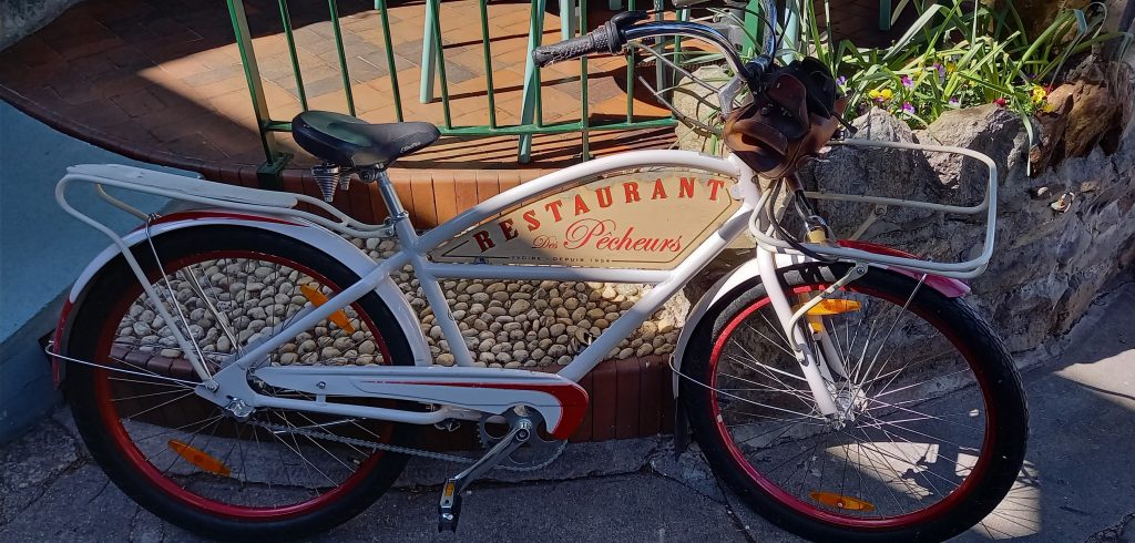vor dem Restaurant Des Pêcheurs in Yvoire, wo wir zum Abendessen ein feines Fischmenü geniessen durften. - 25.04.2024